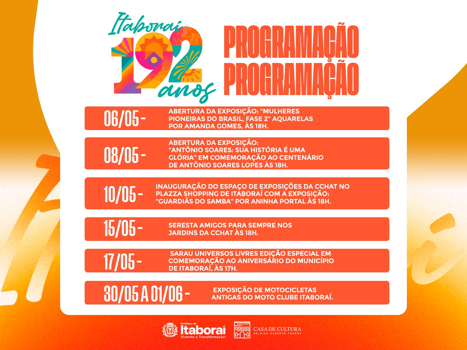 Itaboraí 192 anos: município oferece programação cultural especial durante o mês de maio