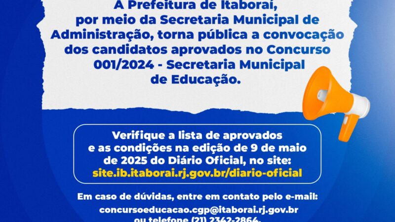 Prefeitura de Itaboraí convoca aprovados no concurso da Secretaria Municipal de Educação