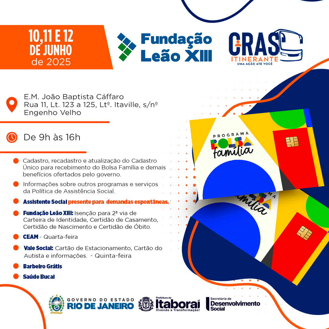 CRAS Itinerante leva serviços sociais ao bairro Engenho Velho nos dias 10, 11 e 12 de junho