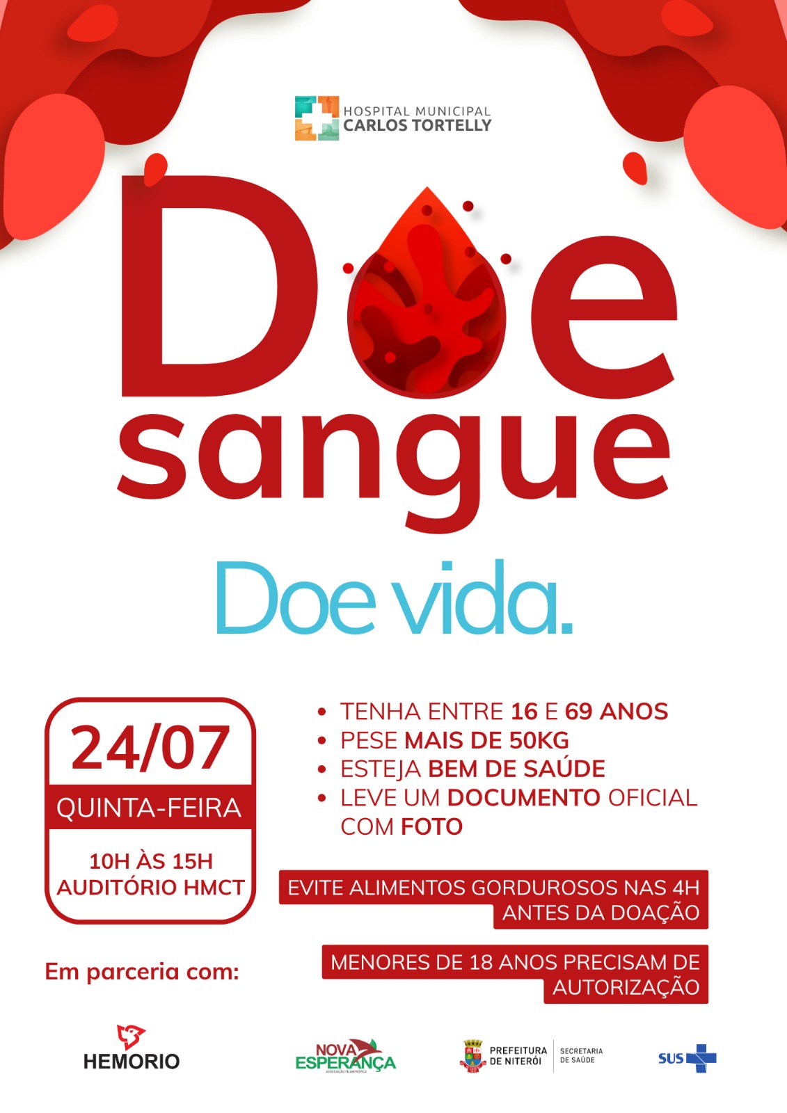 Hospital Municipal Carlos Tortelly promove campanha de doação de sangue nesta quinta-feira (24)