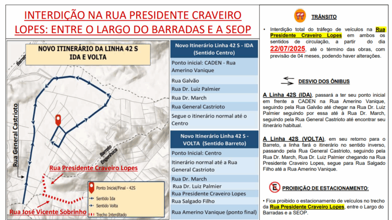 Intervenções no trânsito para obras no Barreto começam nesta terça-feira (22)