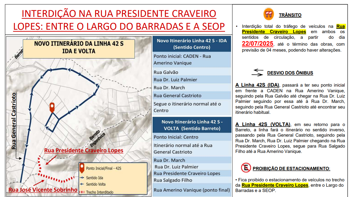Intervenções no trânsito para obras no Barreto começam nesta terça-feira (22)