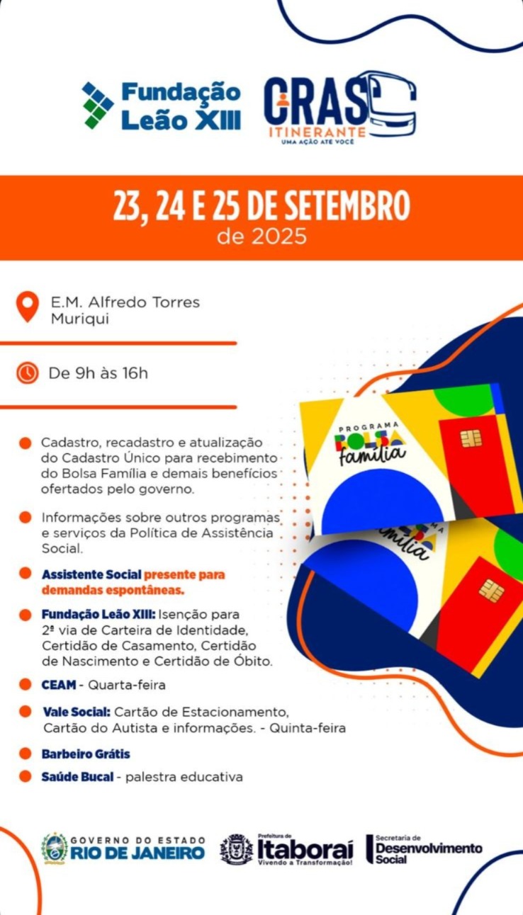 CRAS Itinerante leva serviços gratuitos para Muriqui entre os dias 23 e 25 de setembro