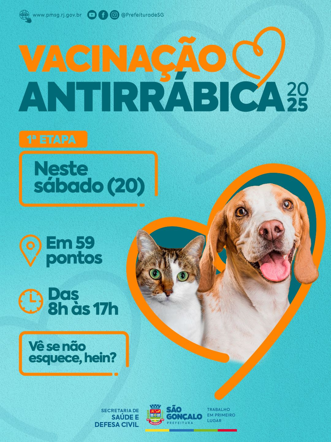 São Gonçalo promove vacinação antirrábica para cães e gatos neste sábado