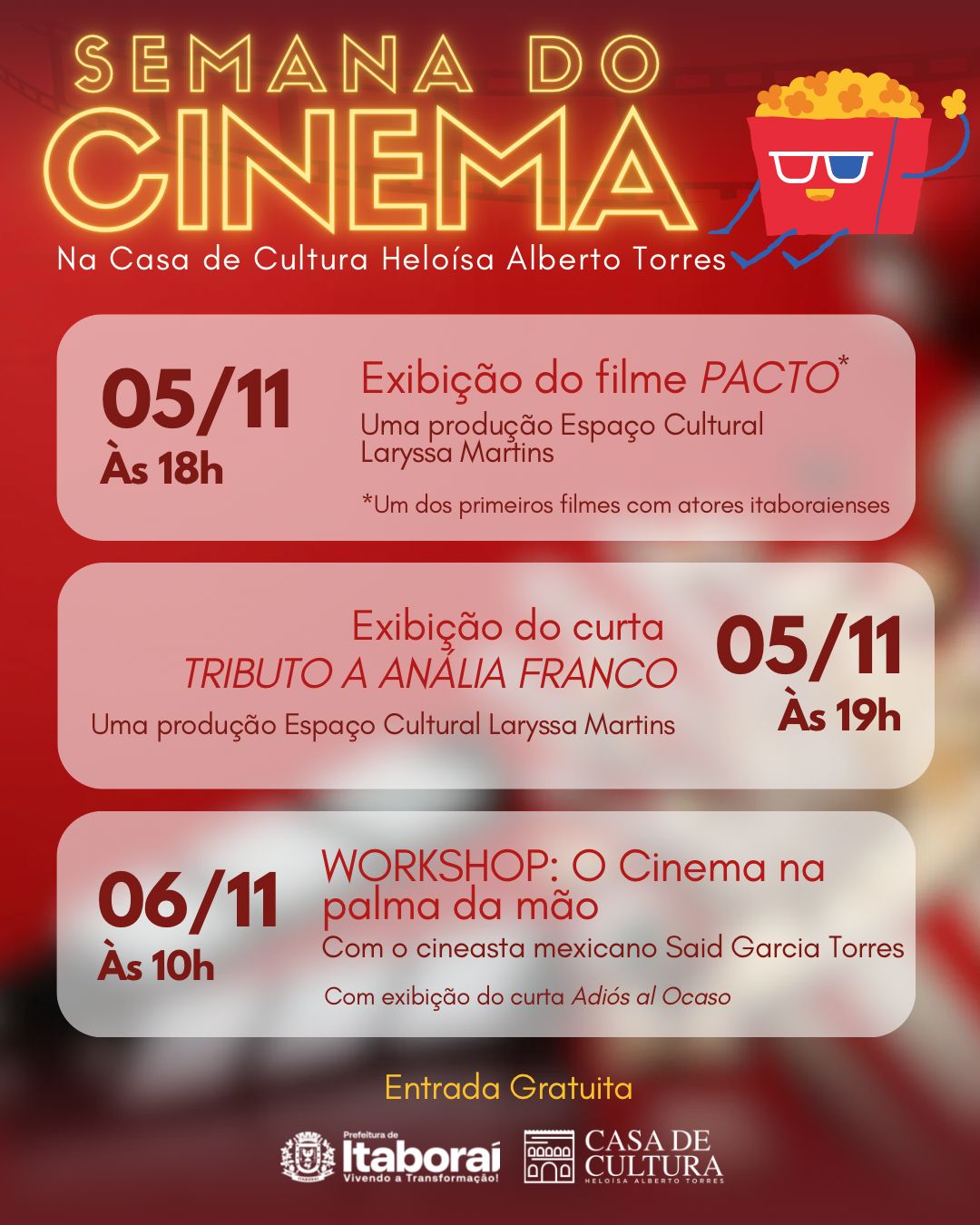 Semana do Cinema celebra o Dia Internacional do Cinema na Casa de Cultura Heloísa Alberto Torres