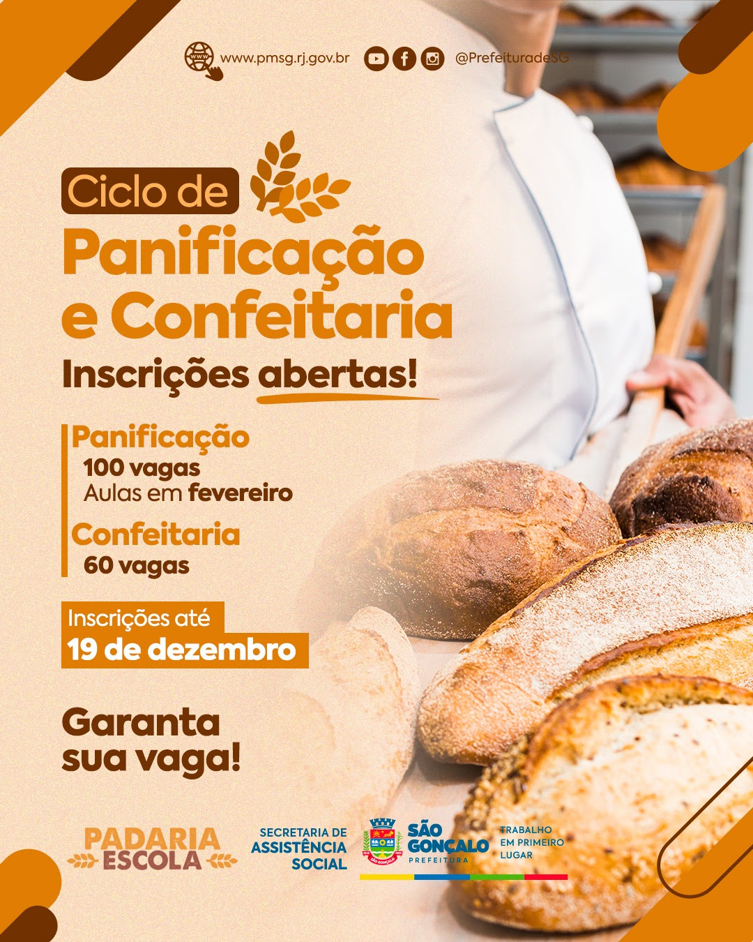 São Gonçalo inscreve para cursos de panificação e de confeitaria
