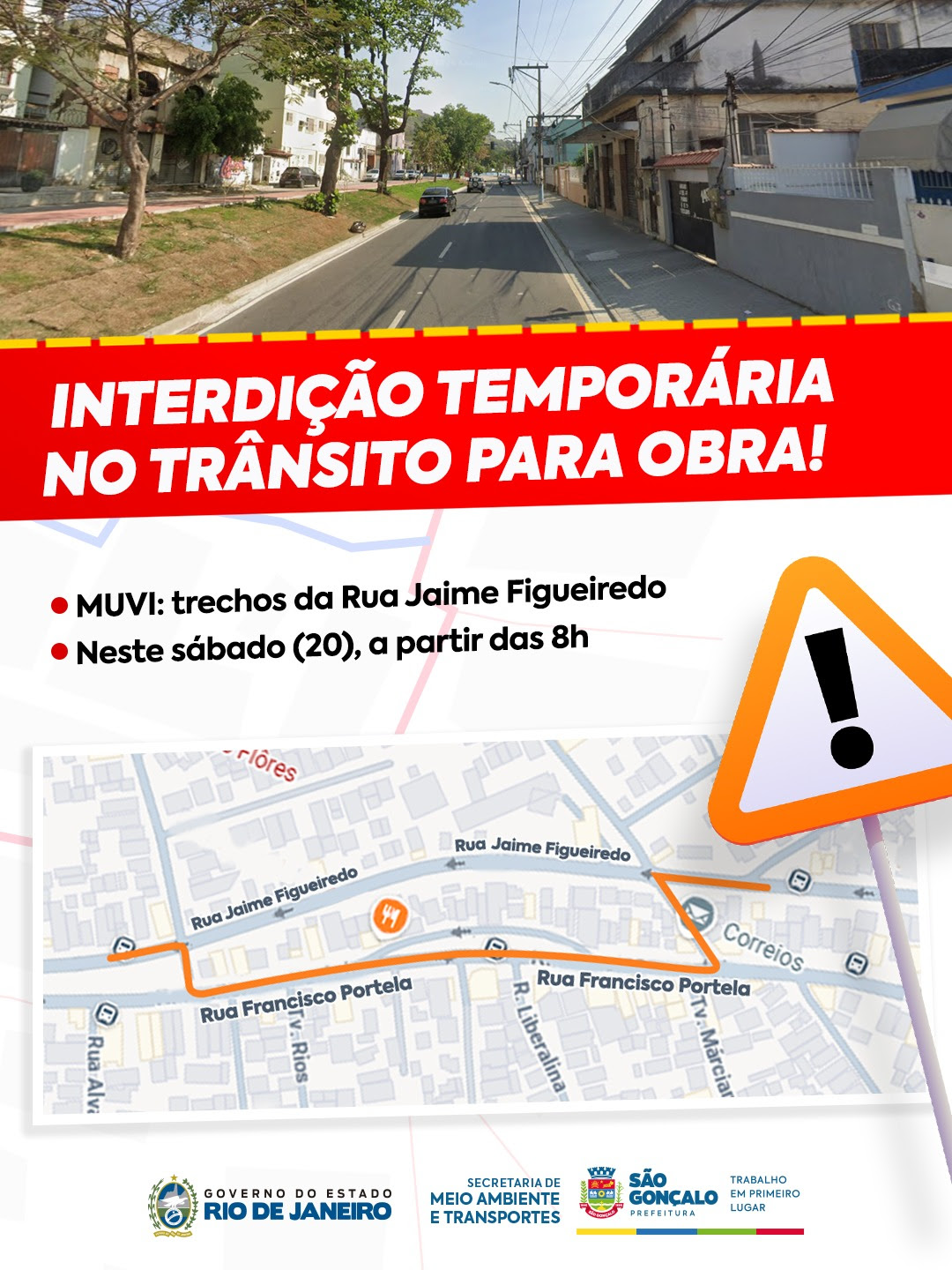 São Gonçalo realiza interdição temporária neste sábado (20), em trechos da Rua Jaime Figueiredo