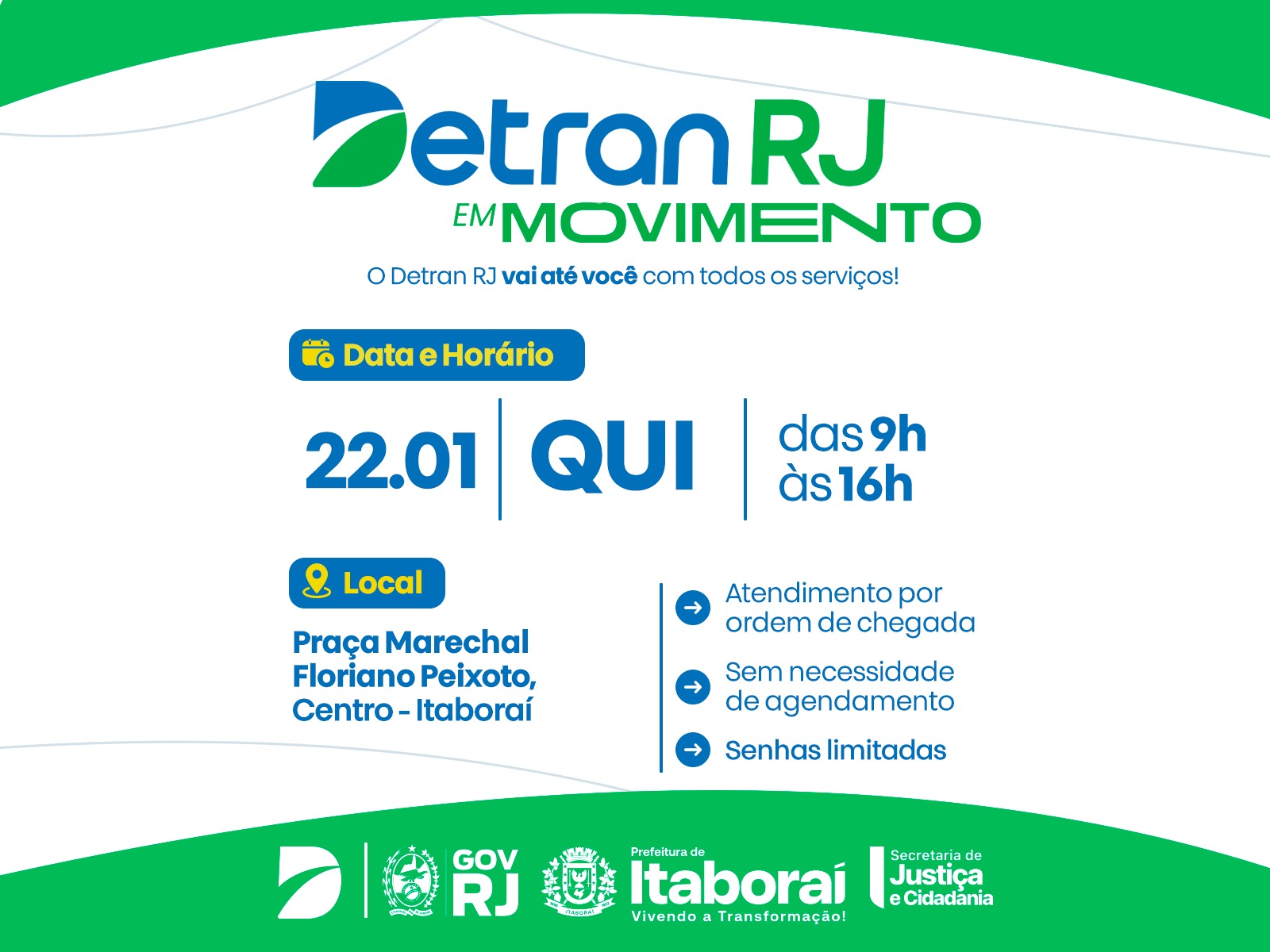 Detran em Movimento estará em Itaboraí, nesta quinta-feira (22/01), com todos os serviços do Detran RJ