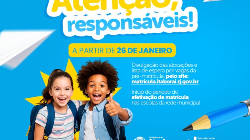 Educação divulga alocações e lista de espera da pré-matrícula a partir de 26 de janeiro