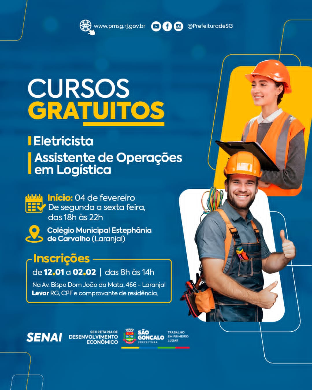 São Gonçalo abre vagas para cursos gratuitos de Assistente de Operações em Logística e Eletricista de Obras