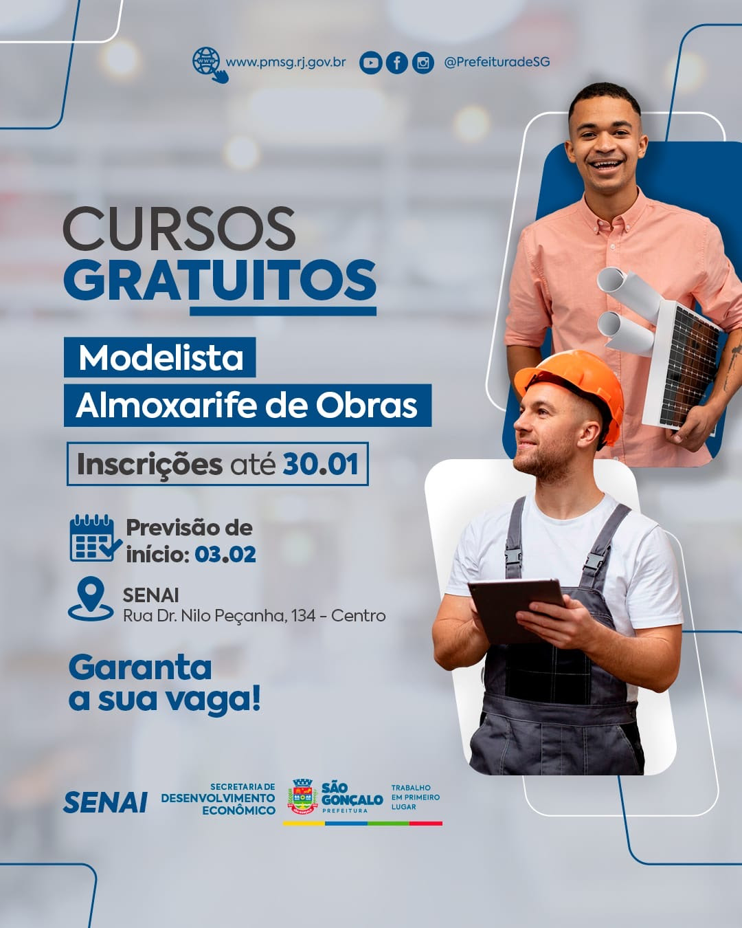 Prefeitura e Firjan/Senai oferecem cursos gratuitos de modelista e almoxarife de obras