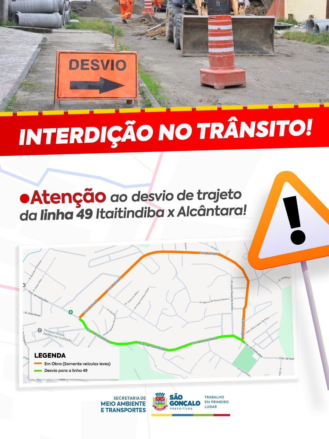 Prefeitura de São Gonçalo realiza mudança temporária na rota da linha do ônibus 49, que liga Itaitindiba ao Alcântara