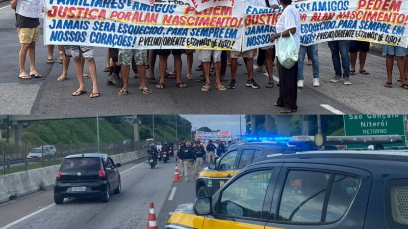 Manifestação neste momento na BR-101, na altura do Gradim, em São Gonçalo, após a morte do jovem Alan de Souza Nascimento.