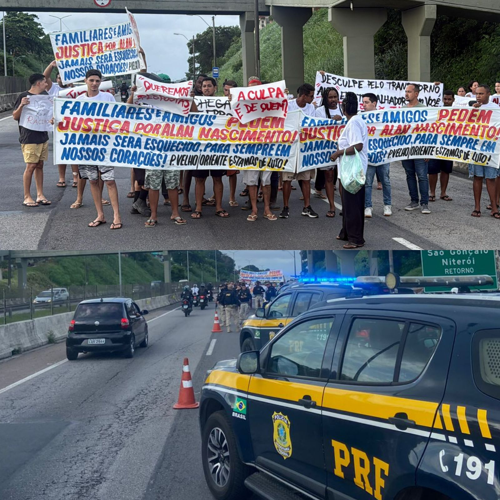 Manifestação neste momento na BR-101, na altura do Gradim, em São Gonçalo, após a morte do jovem Alan de Souza Nascimento.