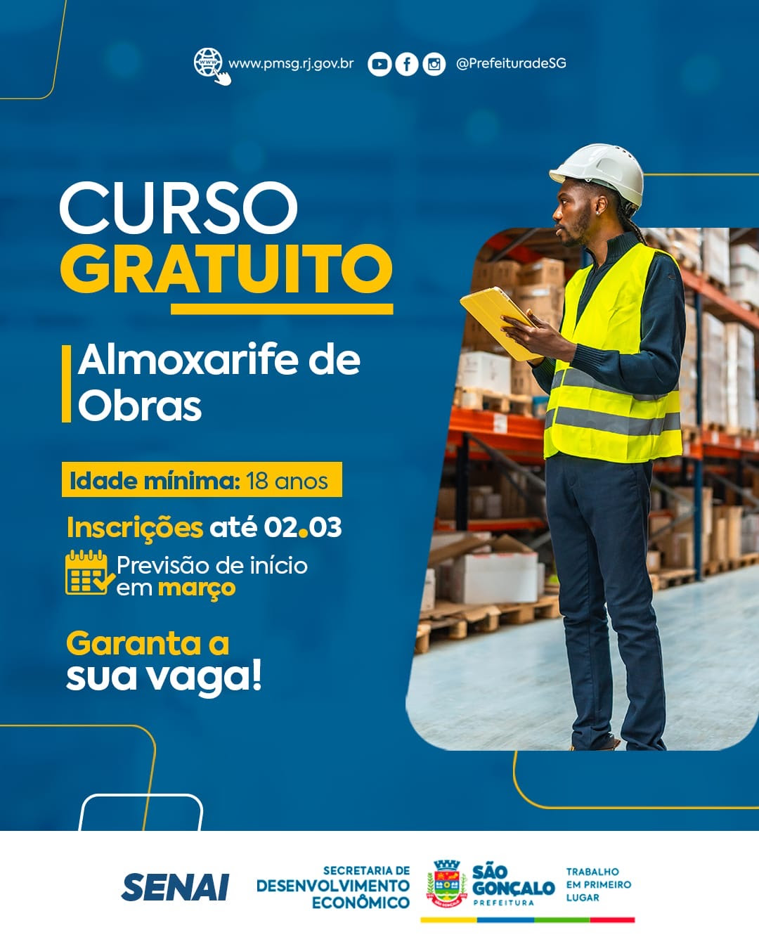 Prefeitura de São Gonçalo está com vagas abertas para curso gratuito de almoxarife de obras