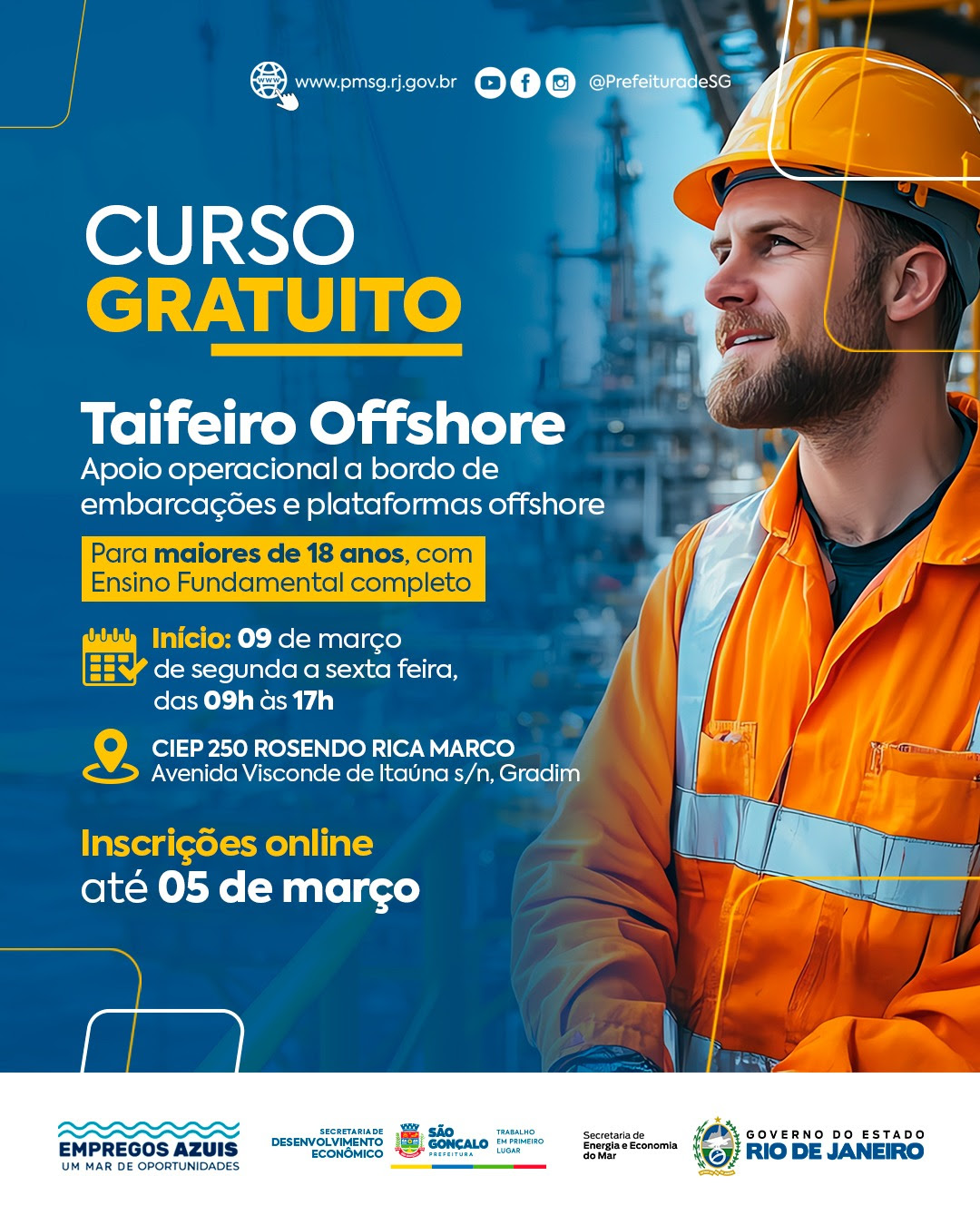 São Gonçalo abre vagas para curso gratuito de taifeiro offshore