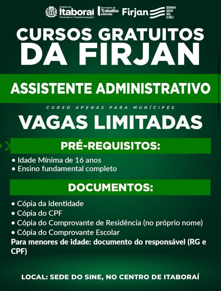 Prefeitura de Itaboraí divulga curso gratuito de Assistente Administrativo em parceria com a Firjan
