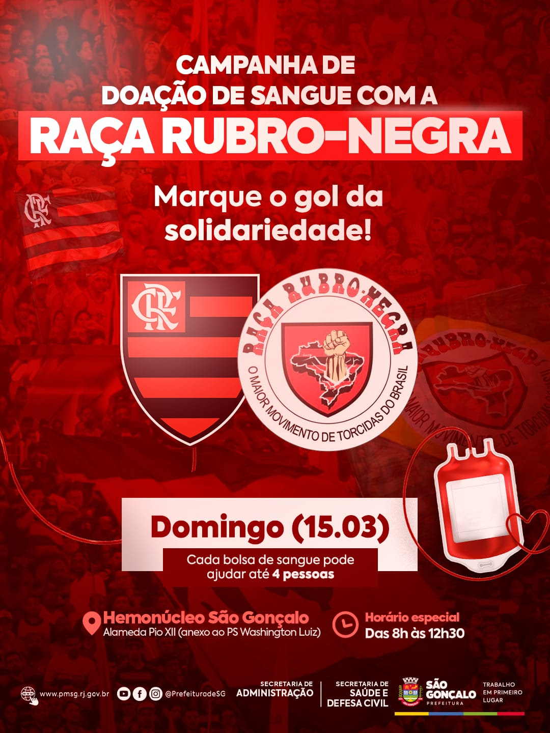 São Gonçalo recebe Torcida Raça Rubro-Negra para doação de sangue neste domingo (15)