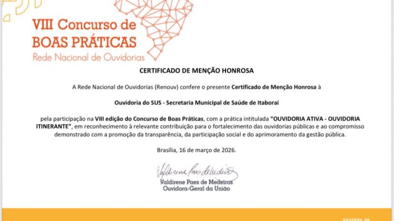 Ouvidoria da Saúde de Itaboraí recebe menção honrosa em concurso nacional da CGU